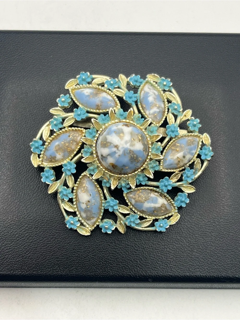 Blue faux stone cabochon painted enamel flower gold tone brooch pin vintage